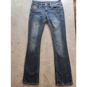 Grace in LA Womens Sz 27 Blue Denim Jeans Pocket Flap Embroidery